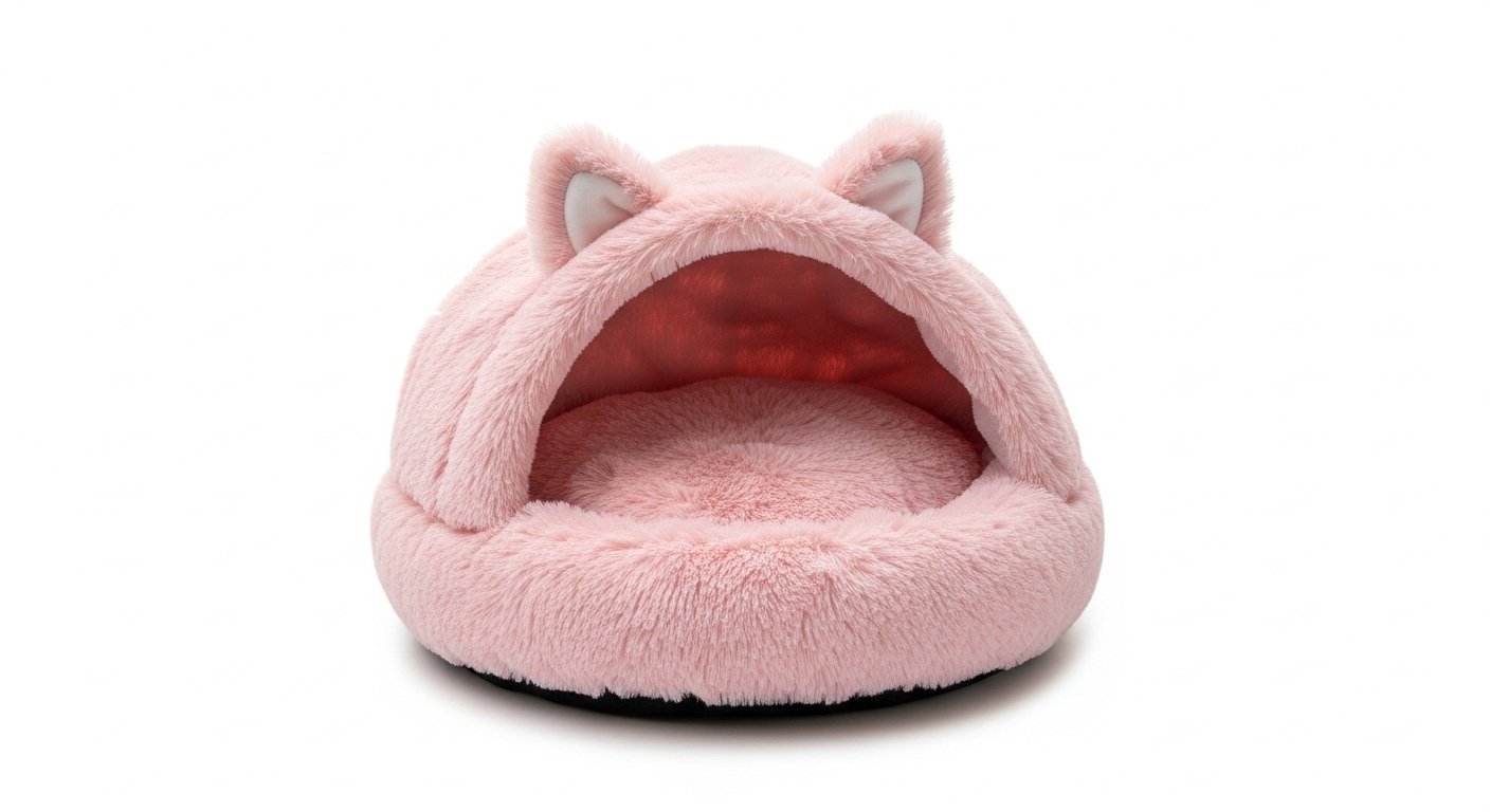 A pink fuzzy cat ear pet bed with white inner ears on a white background. Premium Round Plush Pet Nest – Ultra Soft Warm Bed with Cover - Image 1
