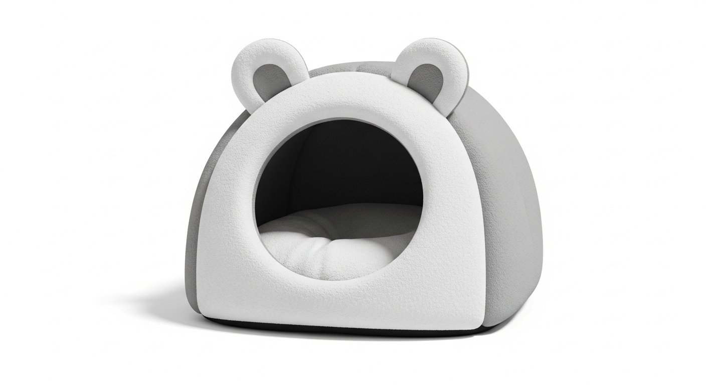 A plush grey and white bear-shaped pet bed with a hollowed-out interior and two small ears on top. Premium Plush Cat Cave Bed – Soft Enclosed Pet House for Warm Comfort - Image 1