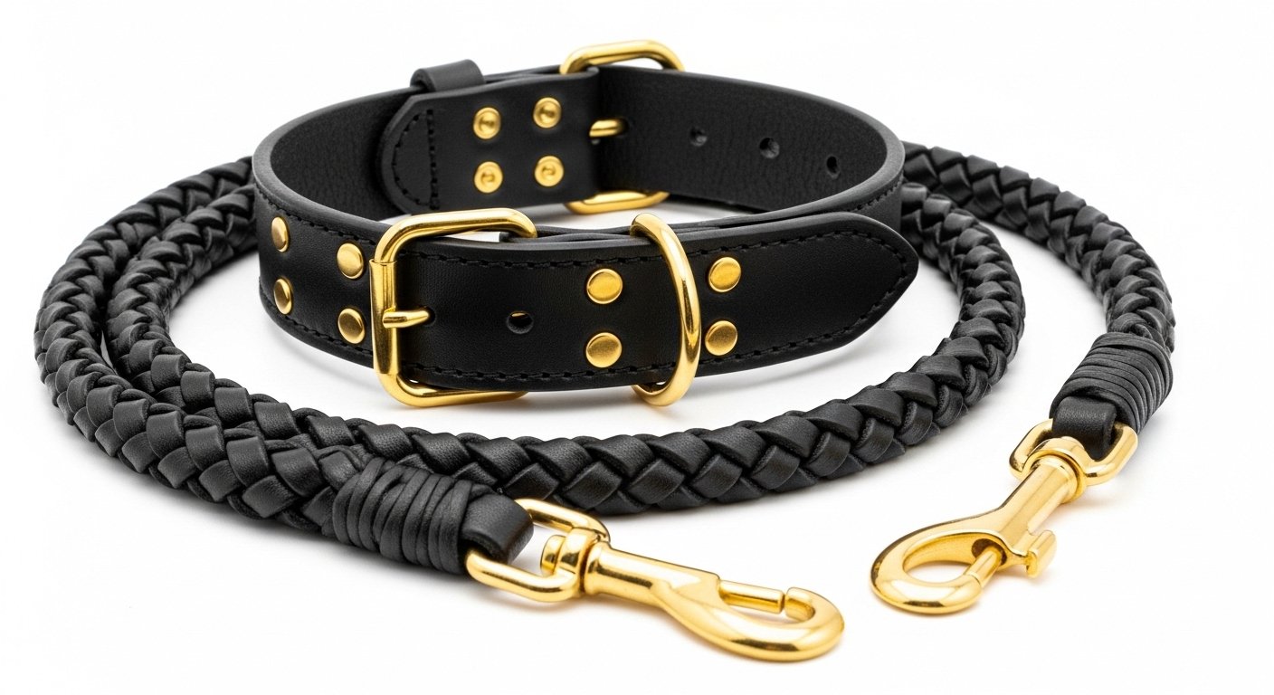 Black leather dog collar and leash set with gold hardware and braided design. Premium Genuine Leather Dog Collar & Lead Set – Braided Heavy Duty Leash - Image 1