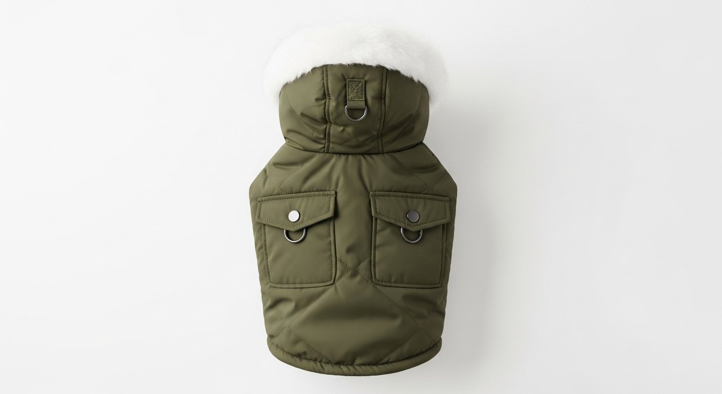 Olive green dog coat with white fur-lined hood and two side pockets on a white background. Premium Winter Dog Hoodie – Soft, Warm Coat for Small & Medium Dogs - Image 1